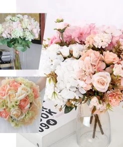 HIER_1300 Chargers & Centerpieces 2 Bushes | Cream Artificial Silk Rose & Hydrangea Flower Bouquets