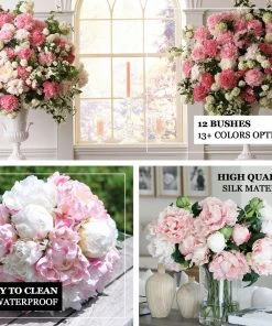 HIER_1140 12 Bushes | Pink Artificial Silk Peony Flowers, Faux Bouquets