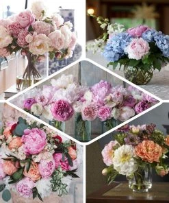 HIER_1140 12 Bushes | Blush/Rose Gold Artificial Silk Peony Flowers, Faux Bouquets