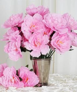 HIER_1140 12 Bushes | Pink Artificial Silk Peony Flowers, Faux Bouquets