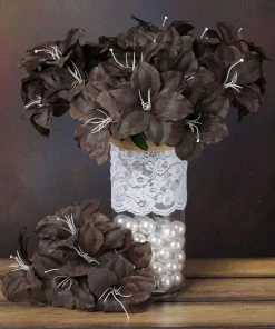 HIER_1100 Artificial Lily 10 Bushes | Chocolate Brown Artificial Silk Easter Lily Flowers, Faux Bouquets