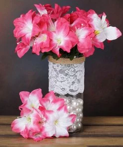 HIER_1100 Artificial Flower & Plants 10 Bushes | Fuchsia Artificial Silk Easter Lily Flowers, Faux Bouquets