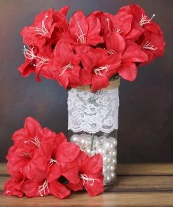 HIER_1100 10 Bushes | Red Artificial Silk Easter Lily Flowers, Faux Bouquets