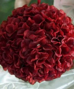 HIER_1500 4 Pack | 7" Burgundy Artificial Silk Hydrangea Kissing Flower Balls Chargers & Centerpieces