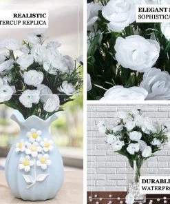 HIER_1100 Artificial Flower & Plants 4 Bushes | White Artificial Silk Buttercup Bulb Flowers, Faux Bouquets