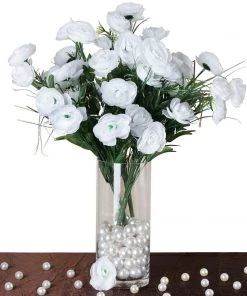 HIER_1100 Artificial Flower & Plants 4 Bushes | White Artificial Silk Buttercup Bulb Flowers, Faux Bouquets