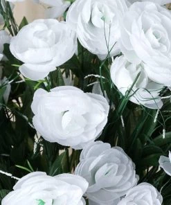 HIER_1100 Artificial Flower & Plants 4 Bushes | White Artificial Silk Buttercup Bulb Flowers, Faux Bouquets