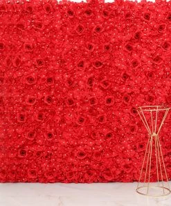 HIER_1910 11 Sq Ft. | 4 Panels 3D Silk Rose & Hydrangea Flower Wall Mat Backdrop | Red Artificial Hydrangeas Arrangements