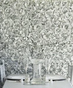 HIER_1700 11 Sq Ft. | 4 Panels 3D Silk Rose & Hydrangea Flower Wall Mat Backdrop | Metallic Silver Artificial Hydrangeas Arrangements