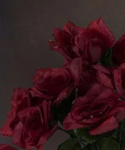 HIER_1110 Artificial Flower & Plants 12 Bushes | Burgundy Artificial Premium Silk Blossomed Rose Flowers | 84 Roses