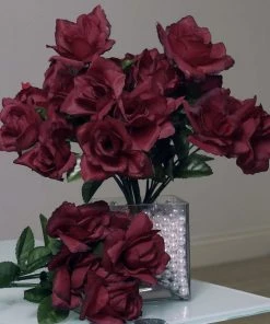 HIER_1110 Artificial Flower & Plants 12 Bushes | Burgundy Artificial Premium Silk Blossomed Rose Flowers | 84 Roses