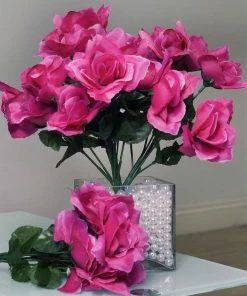 HIER_1110 Artificial Flower & Plants 12 Bushes | Fuchsia Artificial Premium Silk Blossomed Rose Flowers | 84 Roses