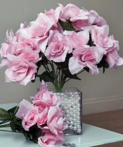 HIER_1110 Artificial Flower & Plants 12 Bushes | Pink Artificial Premium Silk Blossomed Rose Flowers | 84 Roses