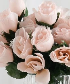 HIER_1110 12 Bushes | Blush/Rose Gold Artificial Premium Silk Flower Rose Buds | 84 Rose Buds Artificial Flower & Plants
