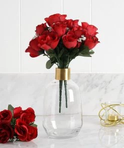HIER_1110 12 Bushes | Red, Black Tip Artificial Premium Silk Flower Rose Buds | 84 Rose Buds Artificial Flower & Plants