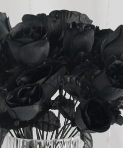 HIER_1110 12 Bushes | Black Artificial Premium Silk Flower Rose Buds | 84 Rose Buds