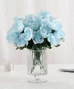 HIER_1110 Artificial Flower & Plants 12 Bushes | Baby Blue Artificial Premium Silk Flower Rose Buds | 84 Rose Buds