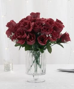 HIER_1110 Artificial Flower & Plants 12 Bushes | Burgundy Artificial Premium Silk Flower Rose Buds | 84 Rose Buds