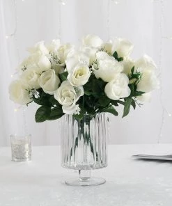 HIER_1100 Artificial Flower & Plants 12 Bushes | Cream Artificial Premium Silk Flower Rose Buds | 84 Rose Buds