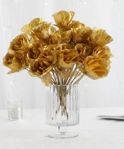 HIER_1110 Artificial Flower & Plants 12 Bushes | Gold Artificial Premium Silk Flower Rose Buds | 84 Rose Buds