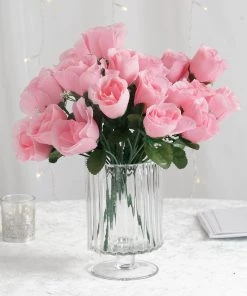 HIER_1110 12 Bushes | Pink Artificial Premium Silk Flower Rose Buds | 84 Rose Buds Artificial Roses