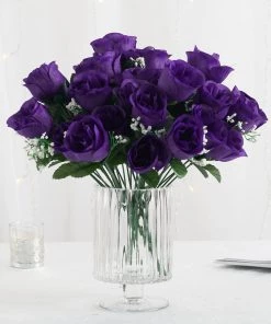 HIER_1110 12 Bushes | Purple Artificial Premium Silk Flower Rose Buds | 84 Rose Buds Artificial Flower & Plants