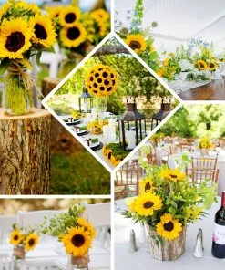 HIER_1160 5 Bushes | 45 Large Yellow Artificial Silk Blossomed Sunflowers Faux Tulips & Others