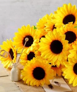 HIER_1160 5 Bushes | 45 Large Yellow Artificial Silk Blossomed Sunflowers Faux Tulips & Others