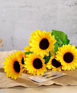 HIER_1160 5 Bushes | 45 Large Yellow Artificial Silk Blossomed Sunflowers Faux Tulips & Others