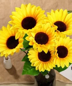 HIER_1160 5 Bushes | 45 Large Yellow Artificial Silk Blossomed Sunflowers Faux Tulips & Others