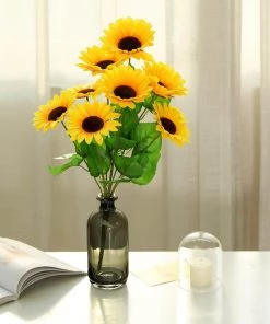 HIER_1160 5 Bushes | 45 Large Yellow Artificial Silk Blossomed Sunflowers Faux Tulips & Others