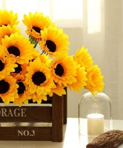 HIER_1160 5 Bushes | 70 Yellow Artificial Silk Blossomed Sunflowers | Vase Decor Faux Tulips & Others