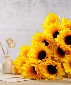 HIER_1160 5 Bushes | 70 Yellow Artificial Silk Blossomed Sunflowers | Vase Decor Faux Tulips & Others
