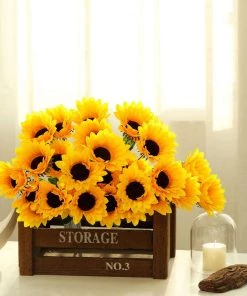 HIER_1160 5 Bushes | 70 Yellow Artificial Silk Blossomed Sunflowers | Vase Decor Faux Tulips & Others