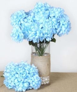 HIER_1100 Artificial Flower & Plants 4 Bushes | Light Blue Artificial Silk Chrysanthemums | 56 Faux Flowers