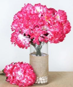 HIER_1100 Faux Carnations | Mums 4 Bushes | Fuchsia Artificial Silk Chrysanthemums | 56 Faux Flowers - Clearance SALE