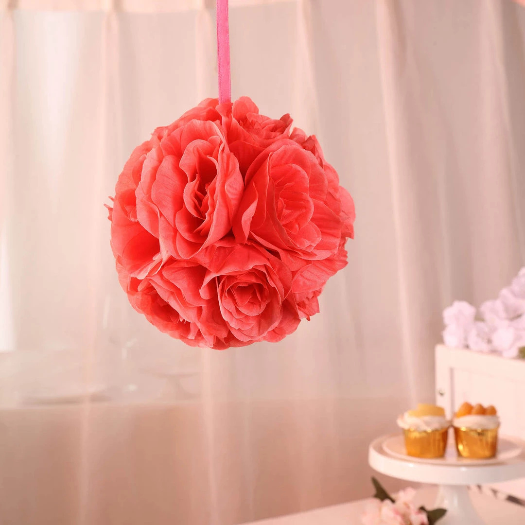 HIER_1500 2 Pack | 7" Coral Artificial Rose Flower Ball, Silk Kissing Ball Chargers & Centerpieces 1 HIER_1500 2 Pack | 7" Coral Artificial Rose Flower Ball, Silk Kissing Ball Chargers & Centerpieces