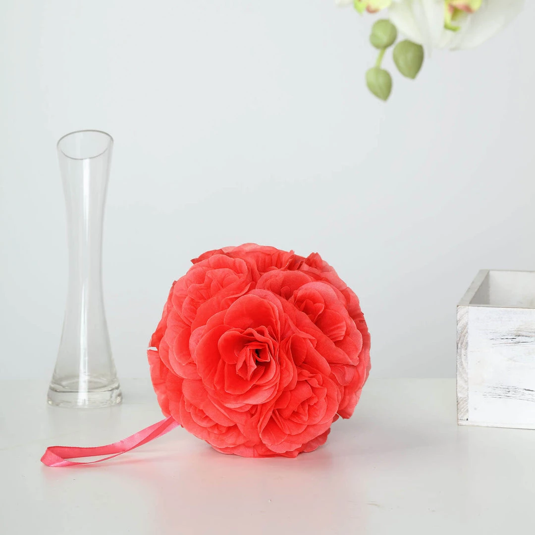 HIER_1500 2 Pack | 7" Coral Artificial Rose Flower Ball, Silk Kissing Ball Chargers & Centerpieces 7 HIER_1500 2 Pack | 7" Coral Artificial Rose Flower Ball, Silk Kissing Ball Chargers & Centerpieces