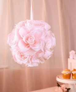 HIER_1500 Chargers & Centerpieces 2 Pack | 7" Blush/Rose Gold Artificial Silk Rose Kissing Ball, Flower Ball