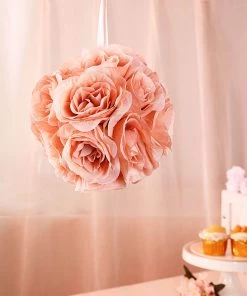 HIER_1500 2 Pack | 7" Dusty Rose Artificial Silk Rose Kissing Ball, Flower Ball