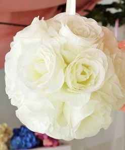 HIER_1500 2 Pack | 7" Cream Artificial Silk Rose Kissing Ball, Faux Flower Ball