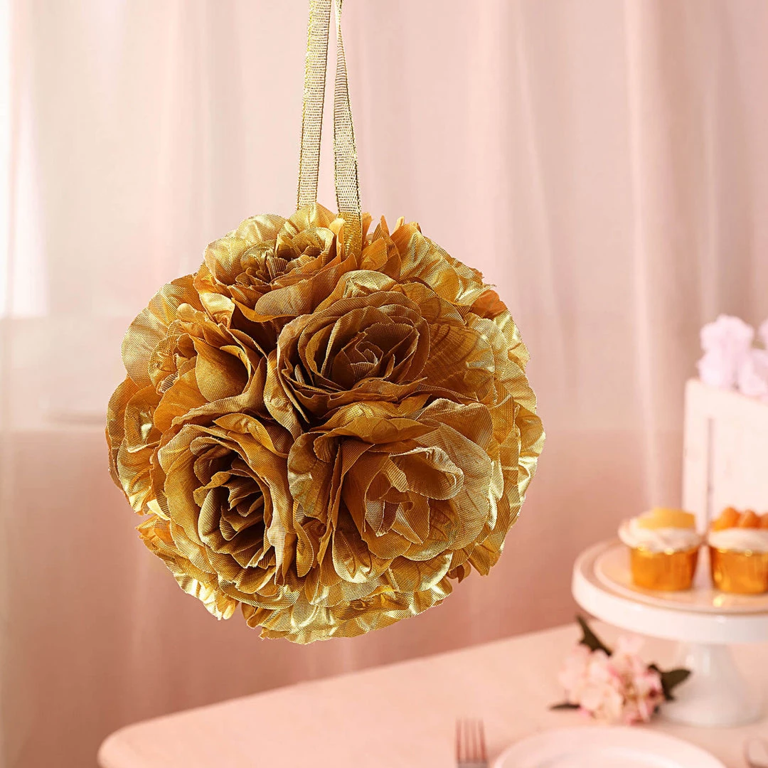 HIER_1500 2 Pack | 7" Gold Artificial Silk Rose Kissing Ball, Faux Flower Ball Chargers & Centerpieces 1 HIER_1500 2 Pack | 7" Gold Artificial Silk Rose Kissing Ball, Faux Flower Ball Chargers & Centerpieces