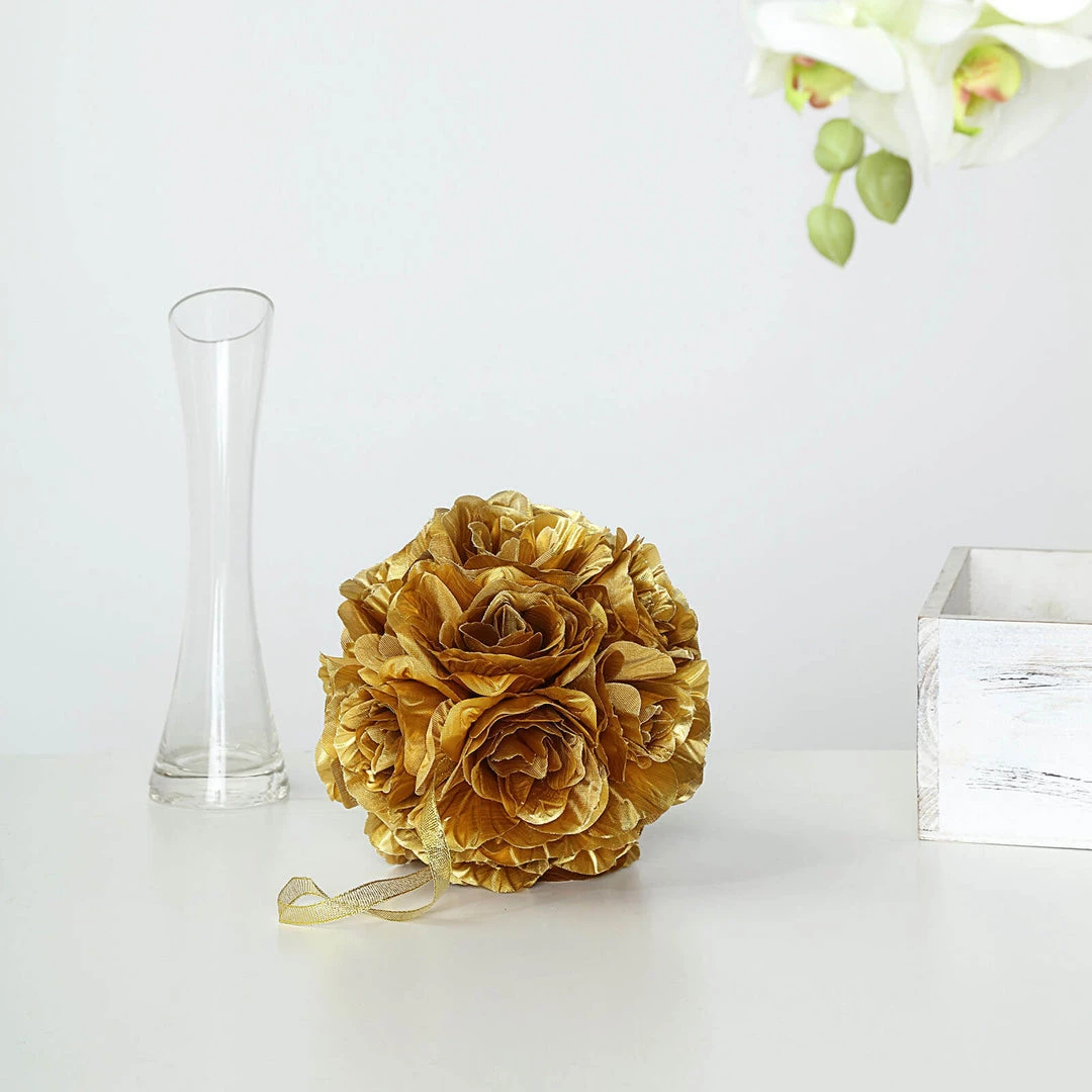 HIER_1500 2 Pack | 7" Gold Artificial Silk Rose Kissing Ball, Faux Flower Ball Chargers & Centerpieces 12 HIER_1500 2 Pack | 7" Gold Artificial Silk Rose Kissing Ball, Faux Flower Ball Chargers & Centerpieces
