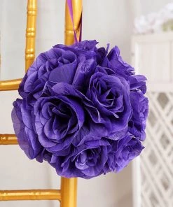 HIER_1500 2 Pack | 7" Purple Artificial Silk Rose Kissing Ball, Faux Flower Ball Chargers & Centerpieces