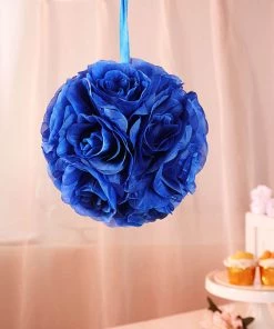 HIER_1500 Chargers & Centerpieces 2 Pack | 7" Royal Blue Artificial Silk Rose Kissing Ball, Faux Flower Ball