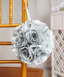 HIER_1500 2 Pack | 7" Silver Artificial Silk Rose Kissing Ball, Faux Flower Ball Chargers & Centerpieces