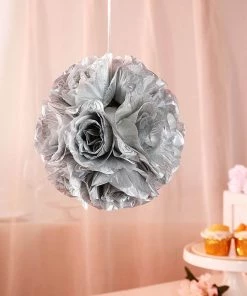 HIER_1500 2 Pack | 7" Silver Artificial Silk Rose Kissing Ball, Faux Flower Ball Chargers & Centerpieces