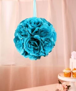 HIER_1500 Chargers & Centerpieces 2 Pack | 7" Turquoise Artificial Silk Rose Kissing Ball, Faux Flower Ball
