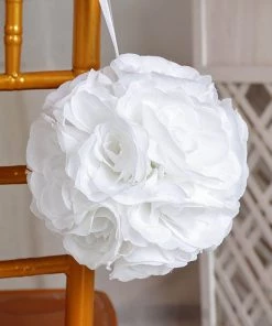 HIER_1500 2 Pack | 7" White Artificial Silk Rose Kissing Ball, Faux Flower Ball Chargers & Centerpieces