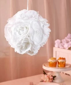 HIER_1500 2 Pack | 7" White Artificial Silk Rose Kissing Ball, Faux Flower Ball Chargers & Centerpieces